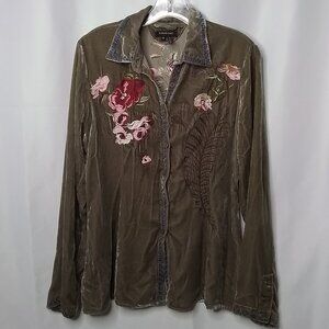 ANTHROPOLOGIE COMO NO? TAUPE VELVET FLORAL EMBROIDERED BUTTON DOWN TOP SIZE M